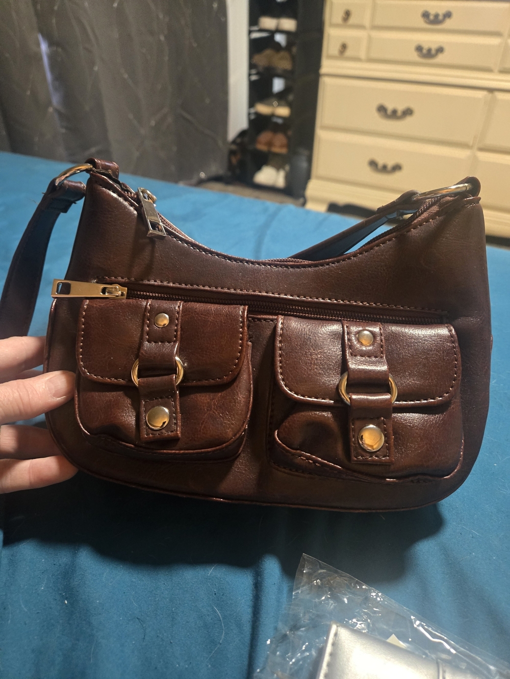 Classic Brown Leatherette Shoulder Bag with Front Pockets